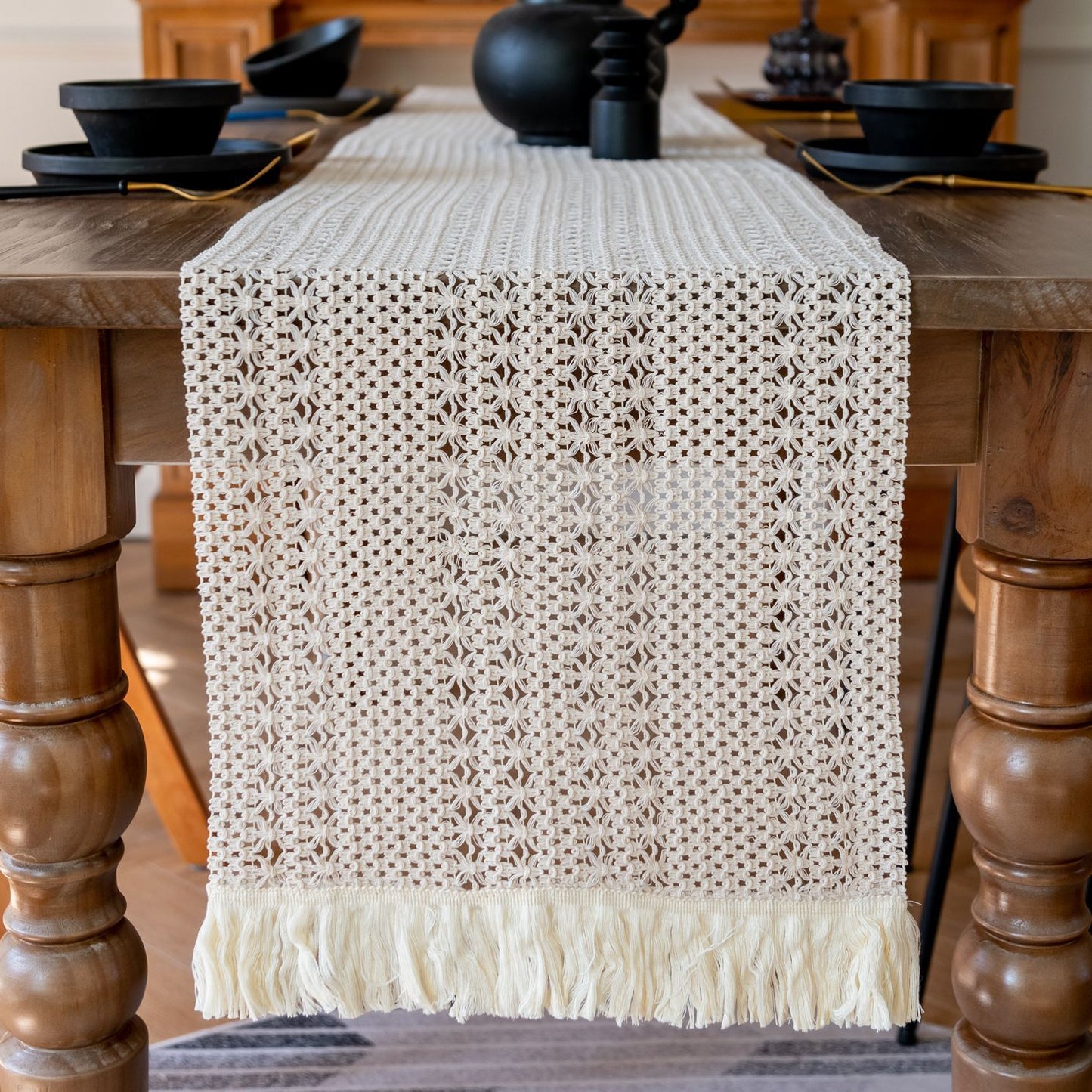 2-Pack Table Runner MX101, Beige Striped Texture, With Tassels