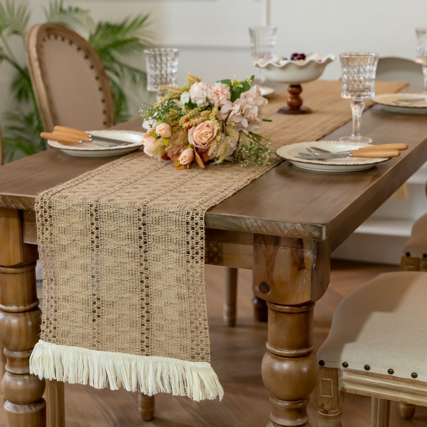 2-Pack Table Runner MX104, Full Linen Texture, With Tassels