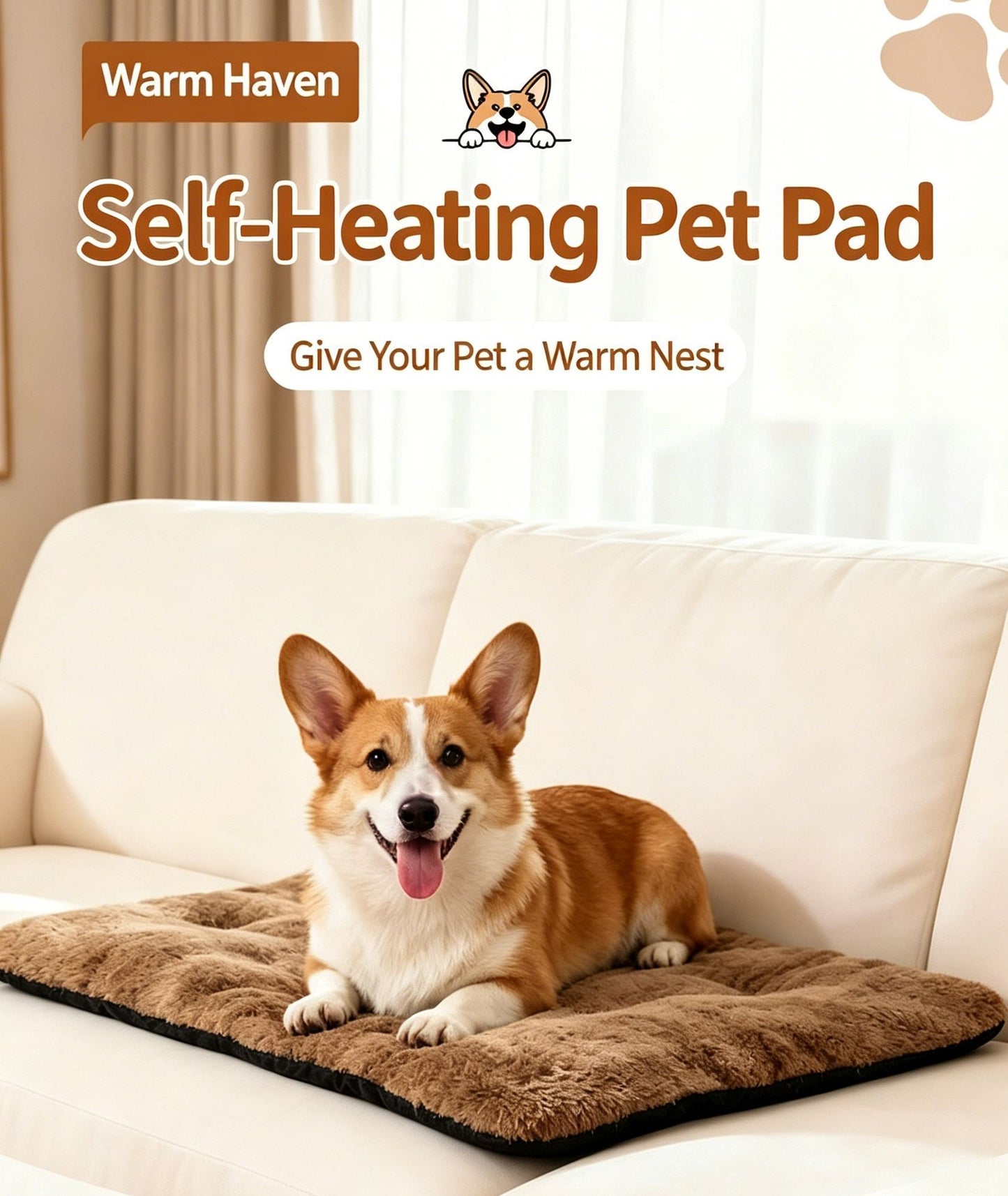 Khaki Self Heating Pet Pad M Size 45*70cm Warm Dog Cat Mat
