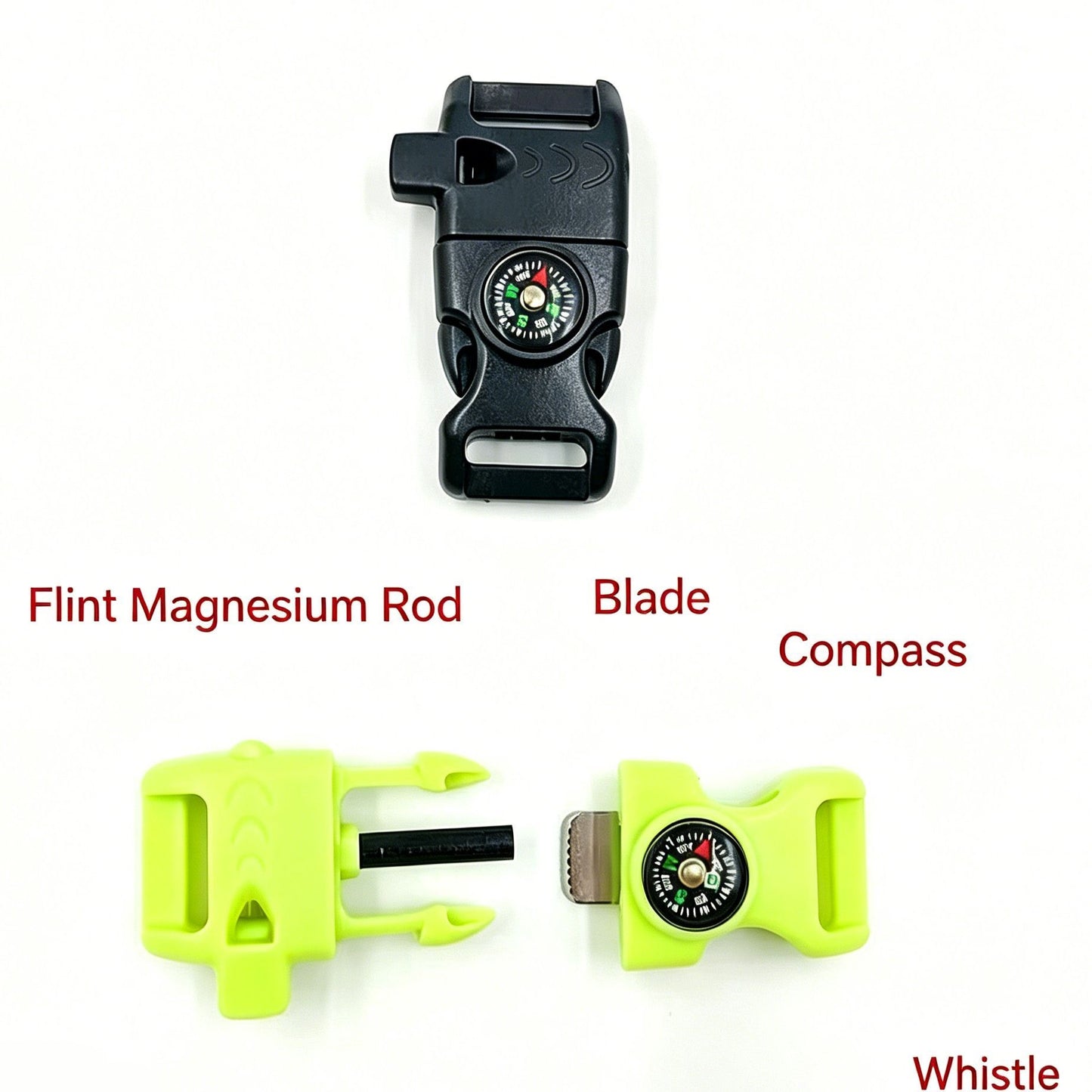 4pk Black Multi Survival Paracord Buckle Flint Whistle Compass
