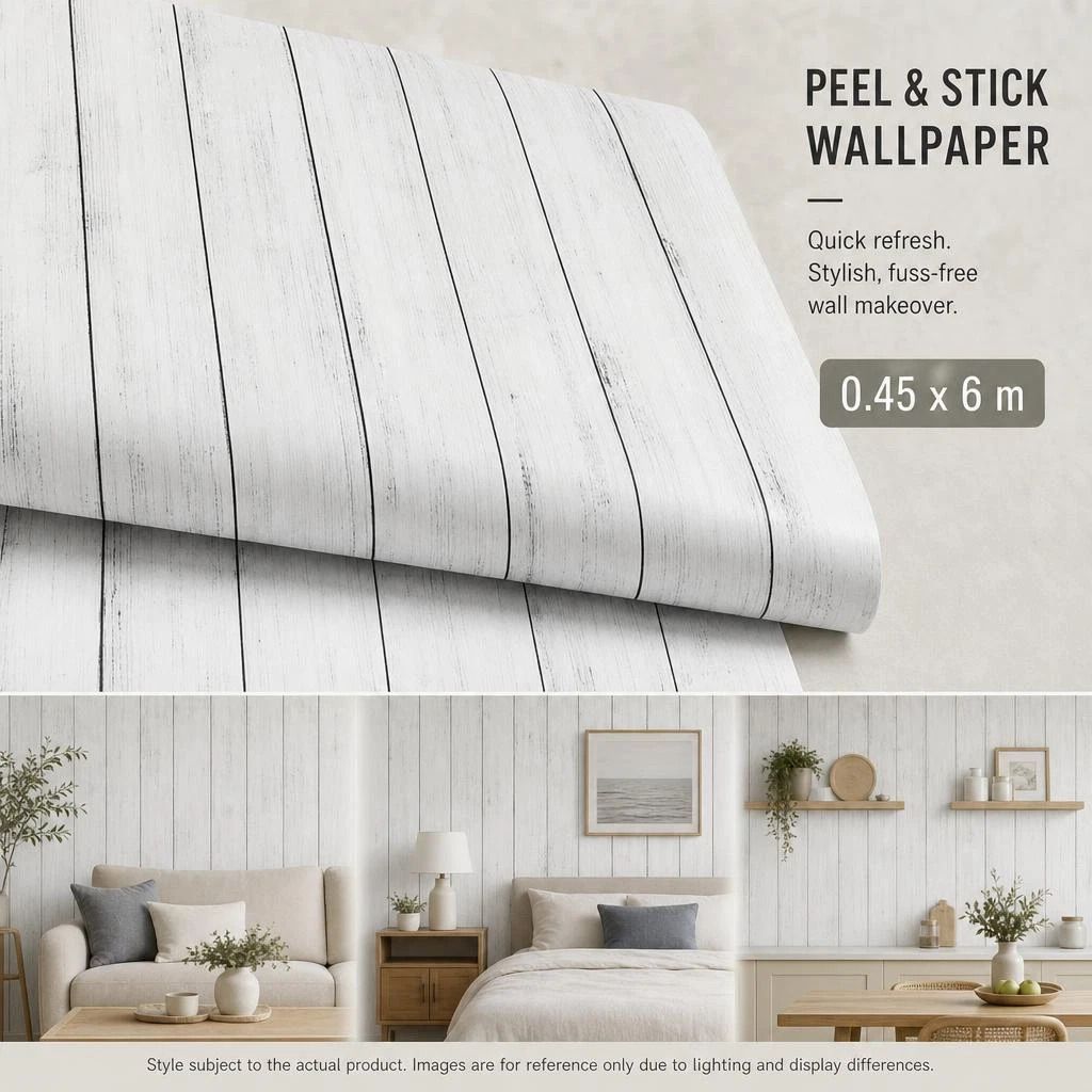 Self Adhesive Retro PVC Wall Sticker 0.45x6M, Ivory White Wood Grain, Soft Living Room Decor