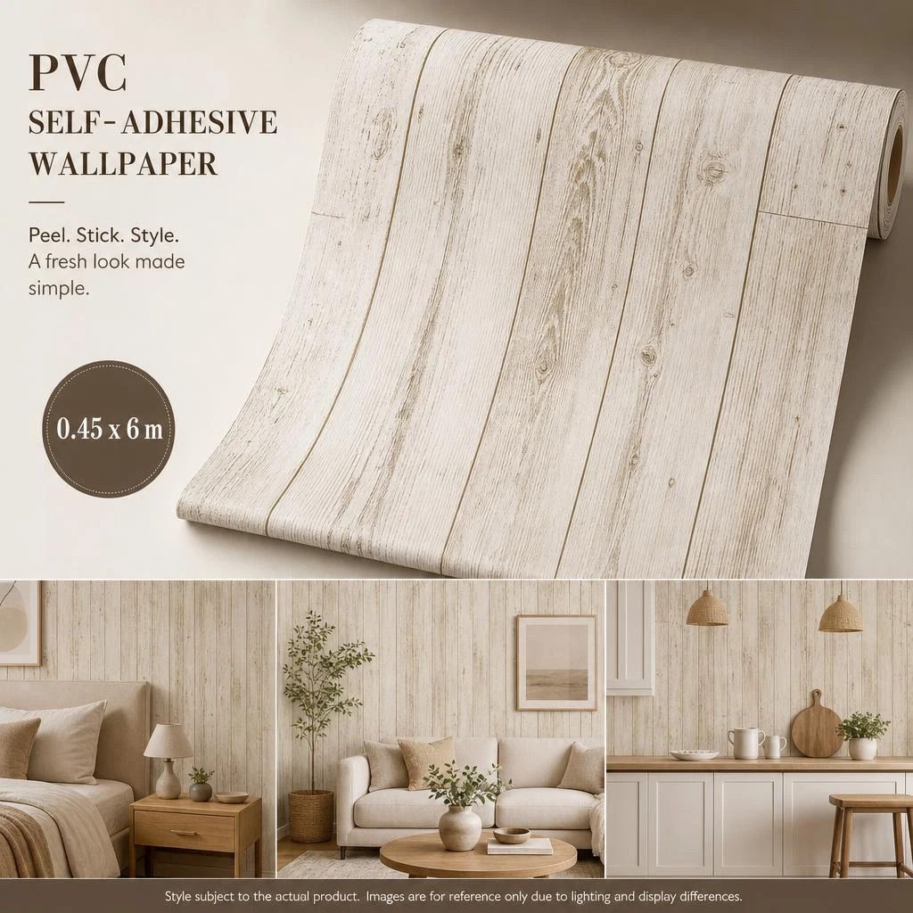 Self Adhesive Background Wallpaper 0.45x6M, Ivory Yellow Wood Grain, Cozy House Renovation