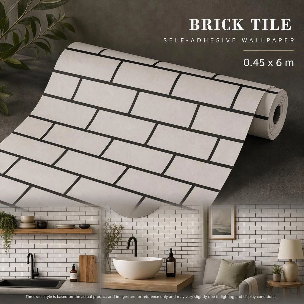 Self Adhesive PVC Background Film 0.45x6M, Simple White Tile Texture, Clean Space Decor