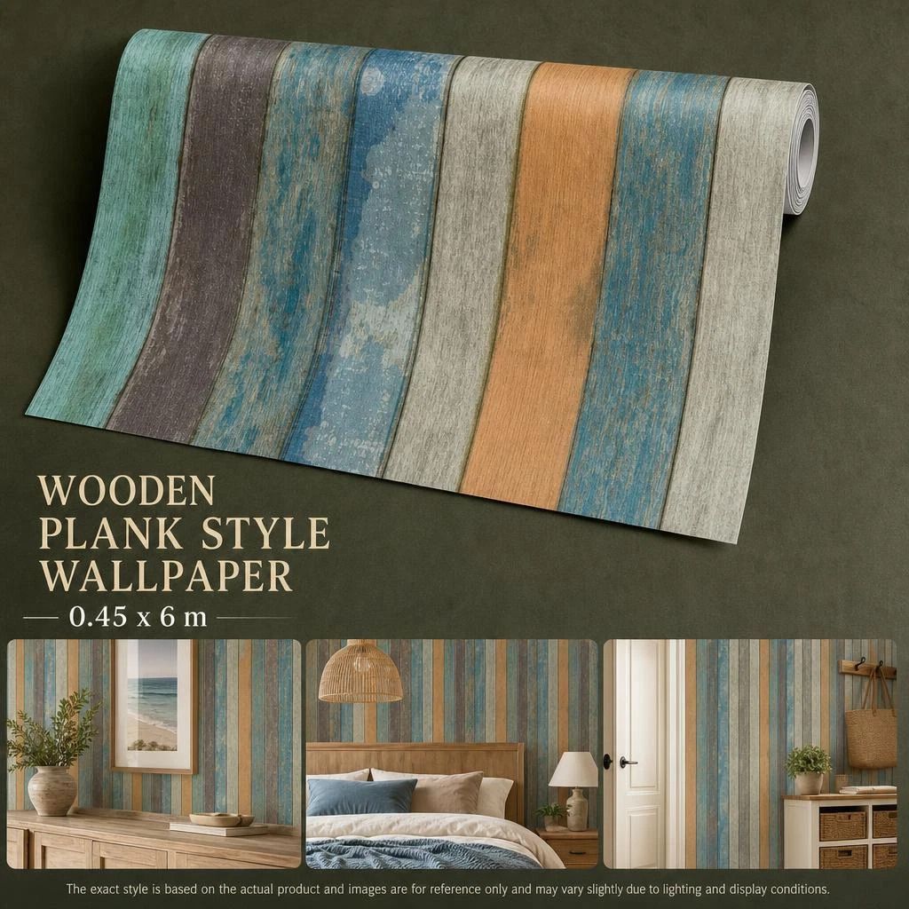 Self Adhesive Waterproof PVC Wall Decal 0.45x6M, Sky Blue Wood Grain, Bright Home Background
