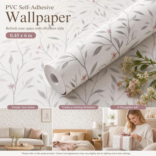 Self Adhesive Retro Background Wall Film 0.45x6M, White Base Floral Texture, Soft Aesthetic Decor