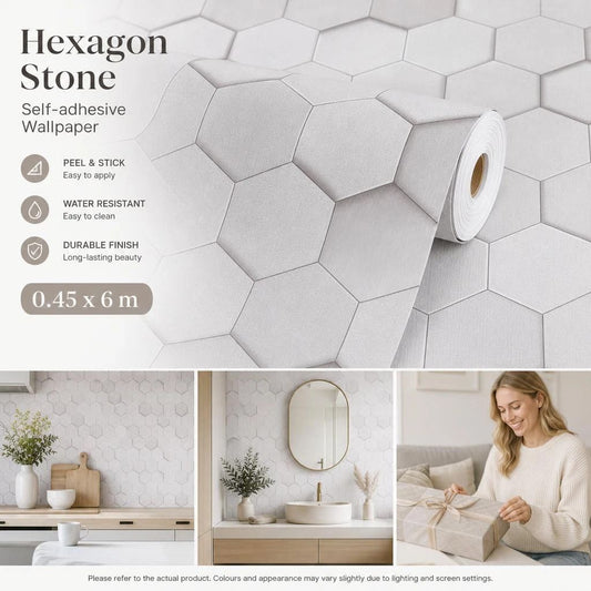 Self Adhesive PVC Wallpaper 0.45x6M, White Honeycomb Pattern, Modern Minimalist Wall