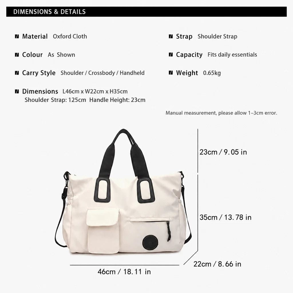 Spacious Lightweight Overnight Carry Bag, Workout & Casual Shoulder Hand Bag, White