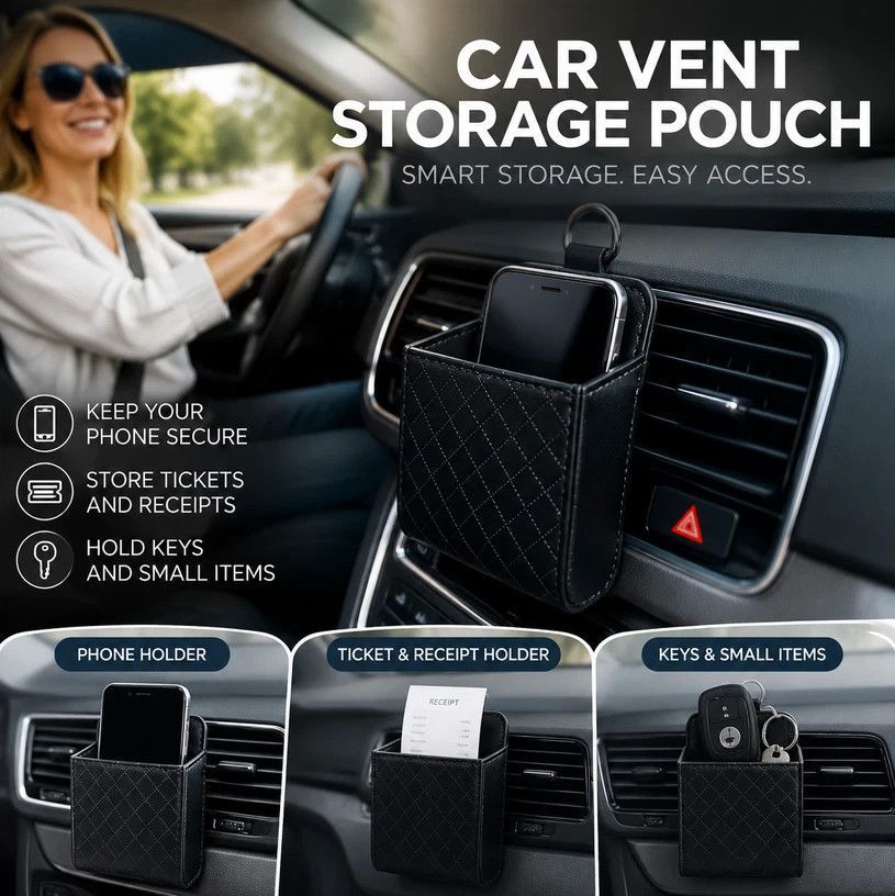 Soft Sheepskin Car Air Vent Storage Bag, Multifunctional Vehicle Pocket For Phone Small Sundries, Black