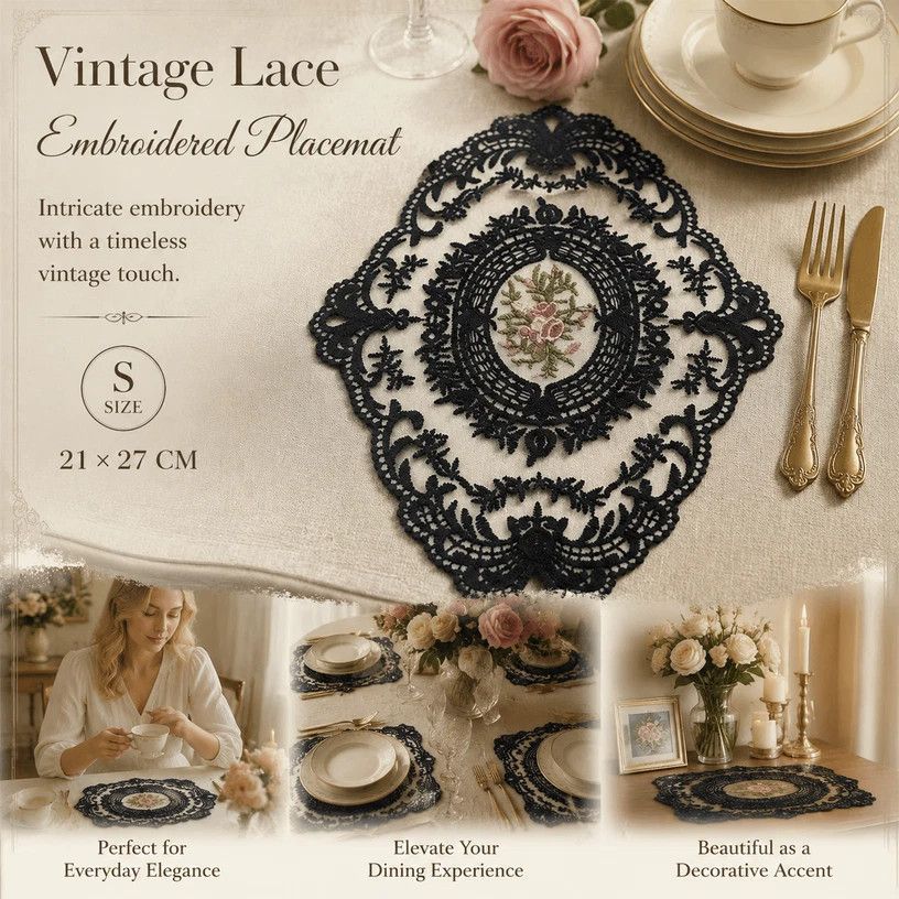 Minimal Retro Embroidered Lace Placemat, Black, Size S 21*27CM