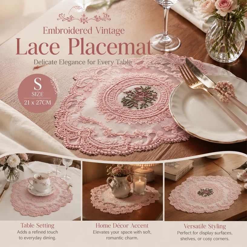 Romantic Floral Embroidery Placemat, Pink, Size S 21*27CM