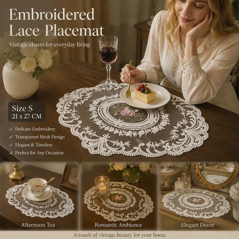Pure White Retro Embroidered Placemat, White, Size S 21*27CM