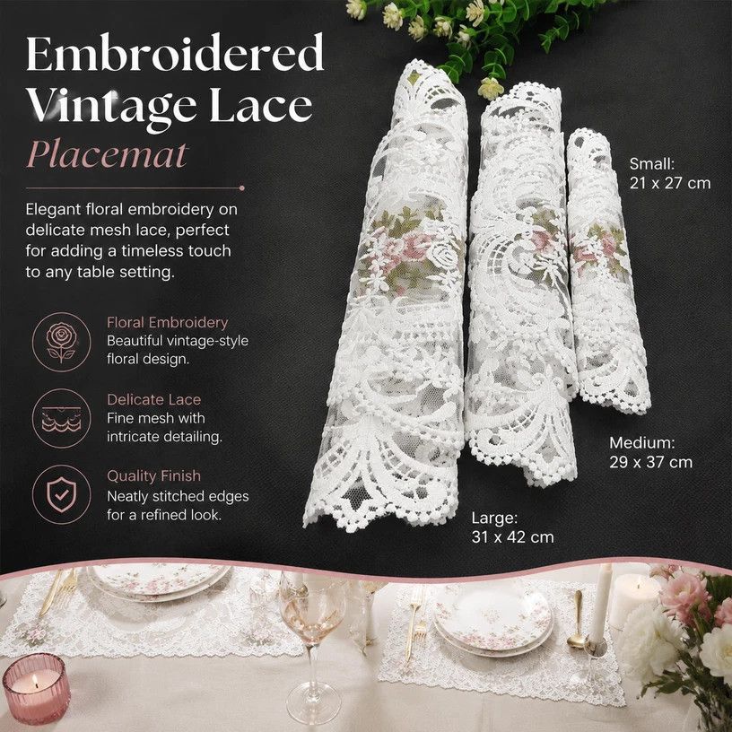 Bright Classic Lace Trim Dining Mat, White, Size M 29*37CM