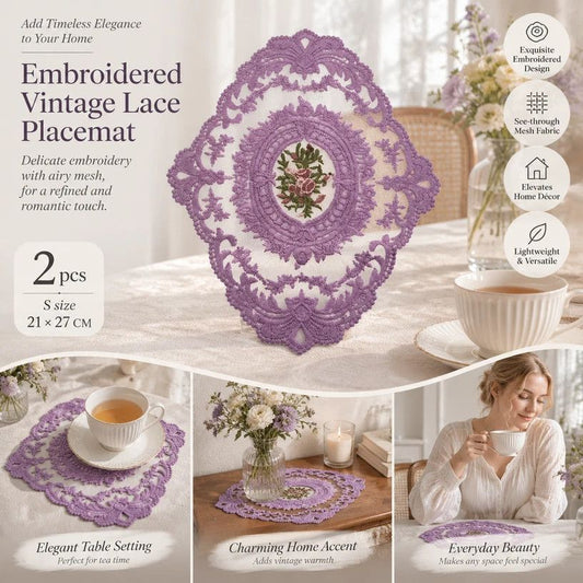 Vintage Lace Embroidered Placemat Set, Purple, Size S 21*27CM, 2 Pcs