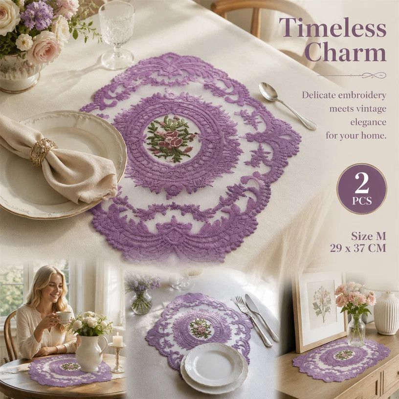 Retro Fringe Embroidered Dining Mat Pack, Purple, Size M 29*37CM, 2 Pcs