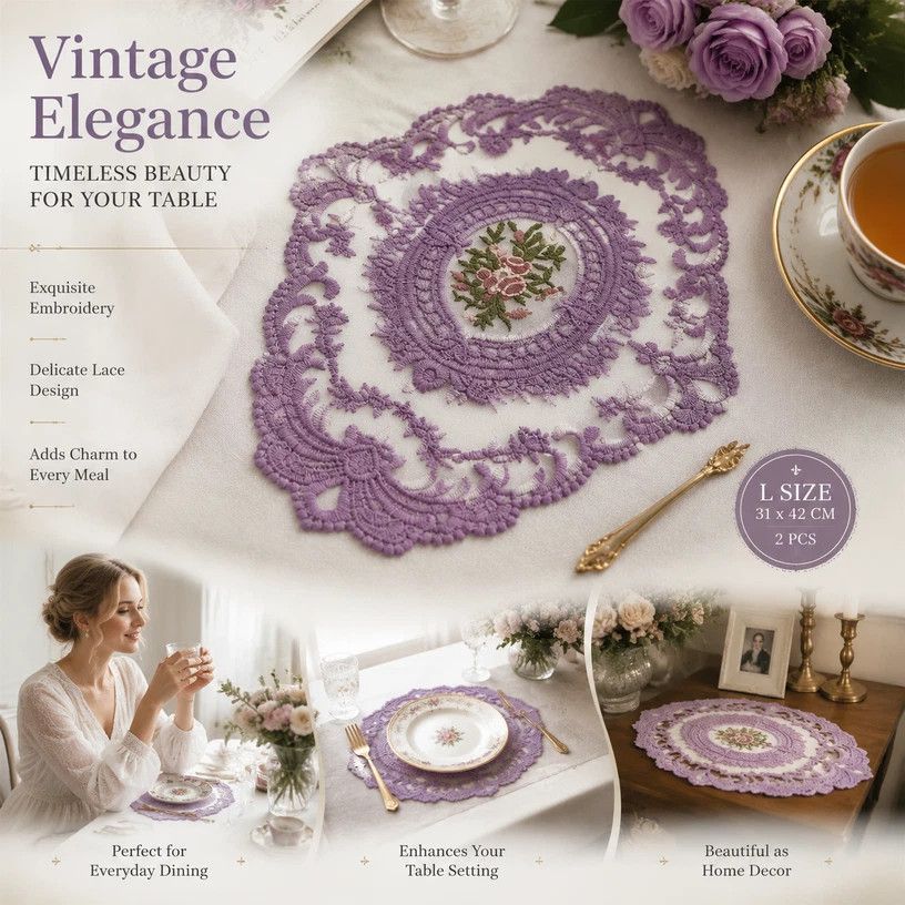 Ornate Border Stitched Table Placemat Combo, Purple, Size L 31*42CM, 2 Pcs