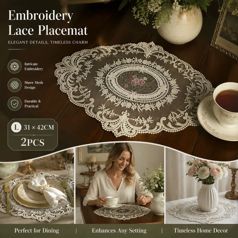 Delicate Ruffled Embroidery Table Mat Combo, Apricot Off White, Size L 31*42CM, 2 Pcs