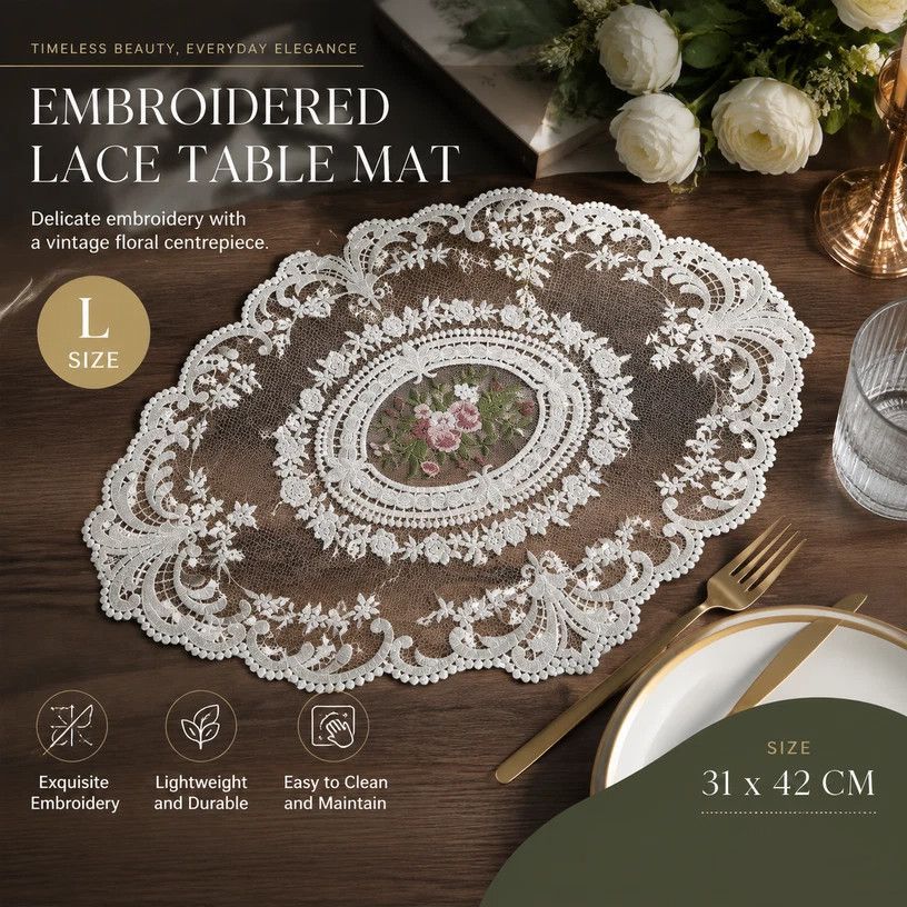 Antique Lace Trim Embroidered Placemat Set, Camel, Size S 21*27CM, 2 Pcs