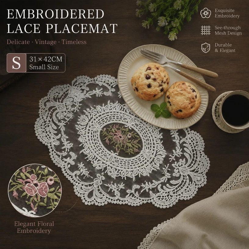 Chic Ornate Lace Border Table Placemat Combo, Black, Size L 31*42CM, 2 Pcs
