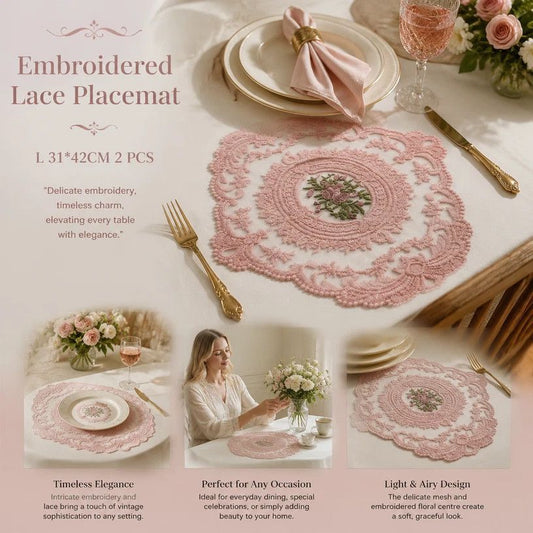 Lovely Ruffled Lace Edge Table Mat Combo, Pink, Size L 31*42CM, 2 Pcs