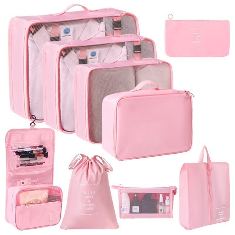 Travel Clothes Storage Organizer Set With Hanging Toiletry Bag & Cosmetic Pouch, 9 Pcs Travel Packing Pouches, Pink, Complete Long Trip Gift