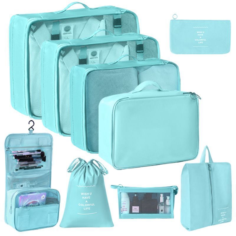 Luggage Garment Sorting Pouches, 9 Pcs Travel Storage Kit Including Hanging Wash Bag & Makeup Bag, Bright Blue, Thoughtful Traveller Gift
