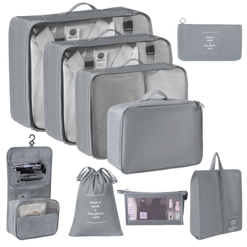 Suitcase Clothing Storage Pouches For Travel, 9 Pcs Organizer Set With Hanging Wash Bag & Makeup Bag, Grey, Practical Family Travel Gift