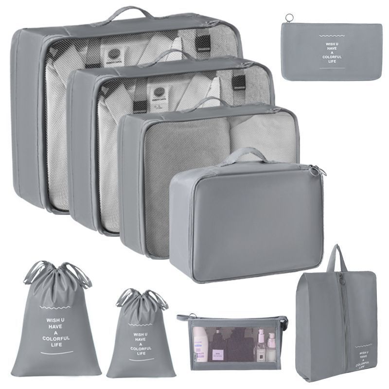 9 Pcs Travel Clothes Storage Organizer Set, Packing Pouches With Dual Drawstring Bags & Cosmetic Pouch, Grey, Comprehensive Vacation Prep Gift