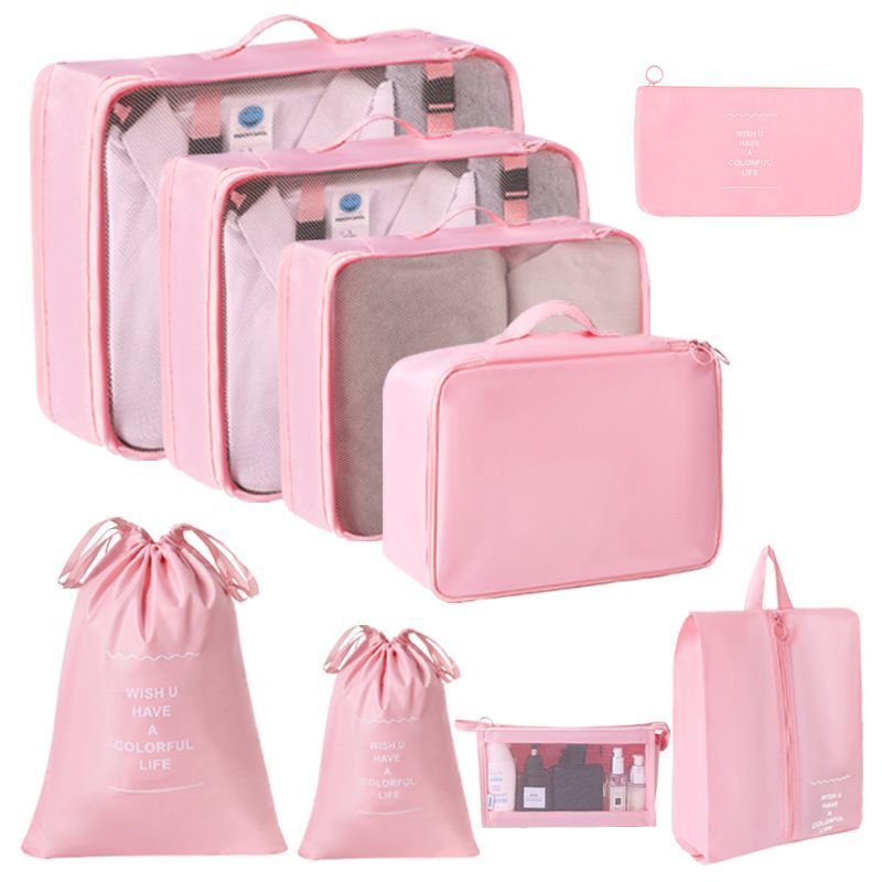 Suitcase Clothing Sorting Organizer Pouches, 9 Pcs Travel Kit With Double Drawstring Bags & Makeup Bag, Pink, Romantic Holiday Trip Gift