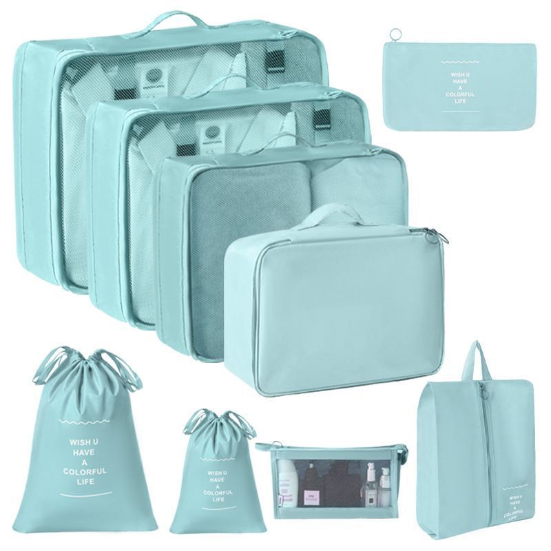All-Round Travel Clothes Packing Organizer, 9 Pcs Storage Kit Including Double Drawstring Pouches & Makeup Bag, Light Blue, Handy Traveller Gift