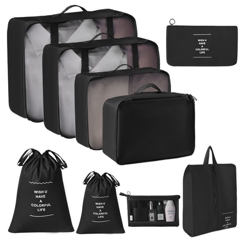 Multi-Size Luggage Storage Pouches For Clothes, 9 Pcs Travel Organizer Set With Dual Drawstring Sacks & Cosmetic Bag, Black, Reliable Long Trip Gift