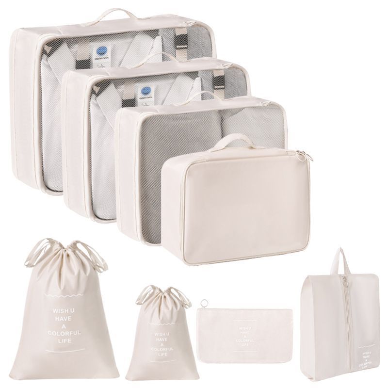 8 Pcs Travel Garment Storage Pouches, Suitcase Clothes Organizer Kit With Dual Drawstring Bags, Beige, Compact Weekend Travel Gift