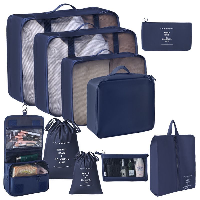 Multi-Function Suitcase Clothing Pouches For Travel, 10 Pcs Organizer Kit Including Double Drawstring Sacks, Cosmetic Pouch & Hanging Wash Bag, Navy Blue, Practical Business Trip Gift