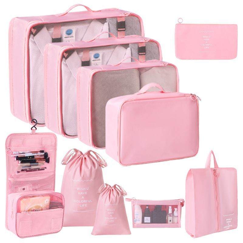 All-In-One Travel Garment Storage Set, 10 Pcs Packing Pouches With Dual Drawstring Bags, Makeup Pouch & Hanging Toiletry Bag, Pink, Romantic Holiday Travel Gift