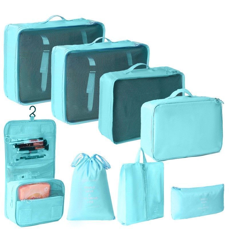 Portable Luggage Garment Packing Pouches, 8 Pcs Travel Organizer Set With Hanging Wash Pouch, Bright Blue, Ideal Overseas Short Trip Gift