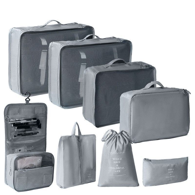 Multi-Function Travel Clothes Storage Bags, 8 Pcs Suitcase Organizer Kit Including Hanging Toiletry Bag, Grey, Thoughtful Family Travel Gift