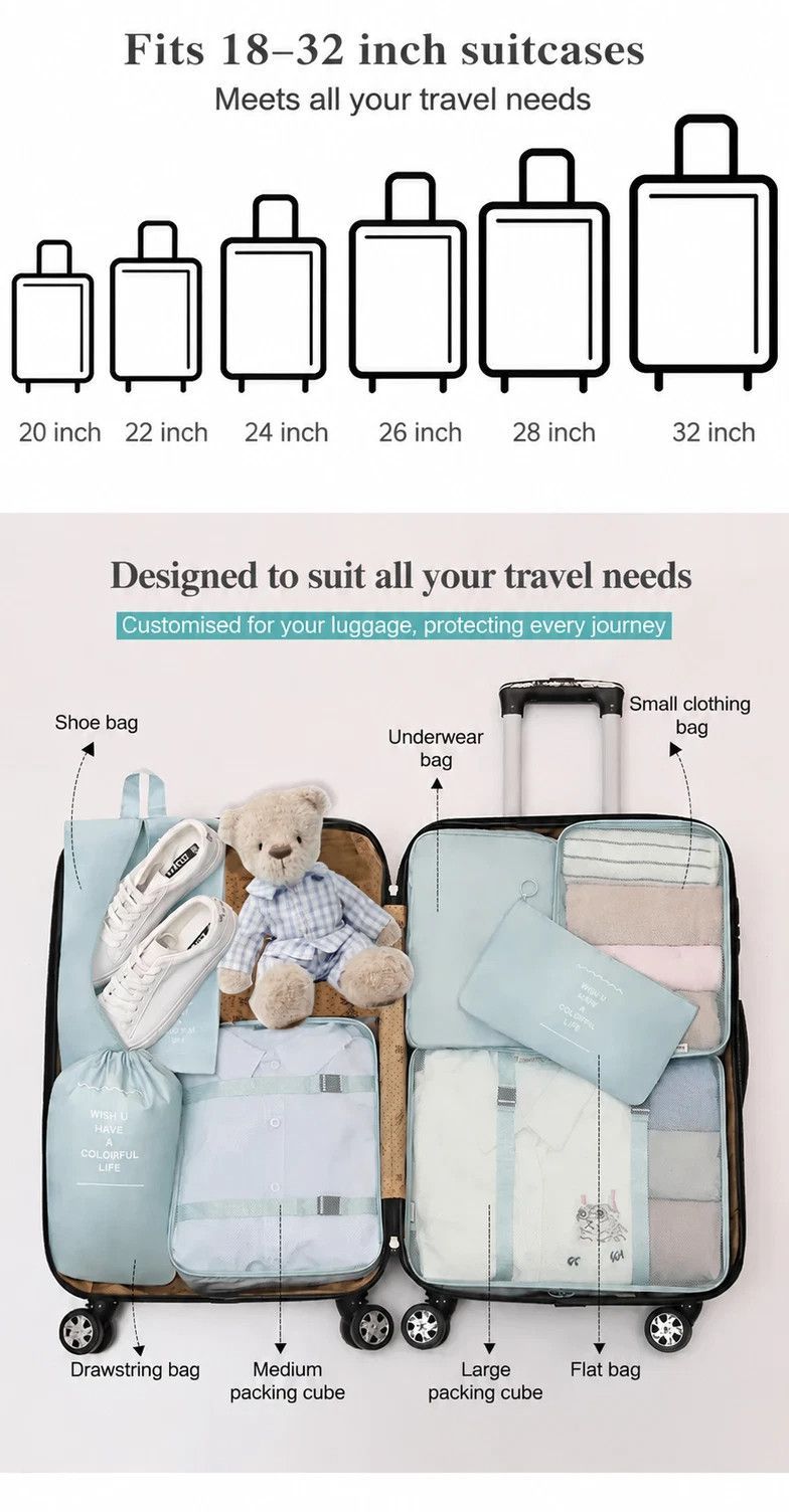 Multi-Function Travel Clothes Storage Bags, 8 Pcs Suitcase Organizer Kit Including Hanging Toiletry Bag, Grey, Thoughtful Family Travel Gift