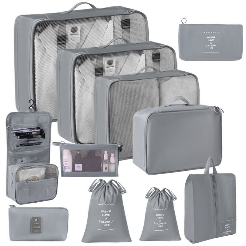 All-Inclusive Suitcase Garment Storage Kit, 11 Pcs Travel Pouches Including Double Drawstring Sacks, Hanging Wash Bag, Makeup Pouch & Electronics Bag, Grey, Premium Long Trip Gift