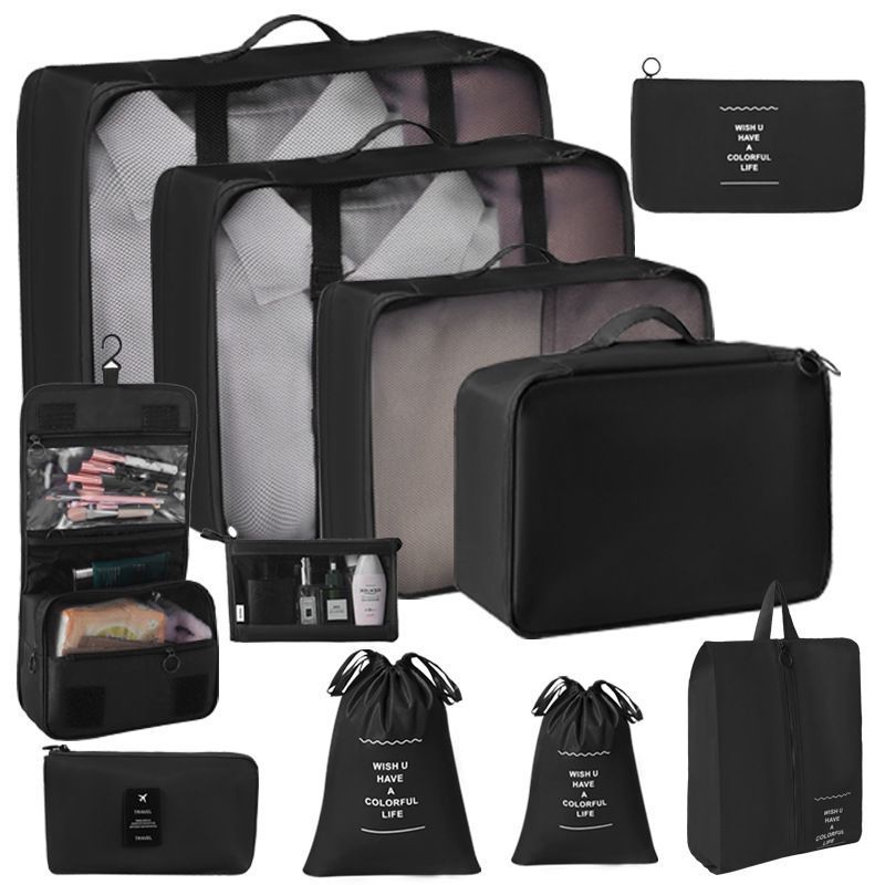Multi-Size Travel Garment Organizer Set, 11 Pcs Luggage Packing Pouches With Dual Drawstring Bags, Hanging Toiletry Bag, Cosmetic Pouch & Digital Storage Bag, Black, Durable All-Season Traveller Gift