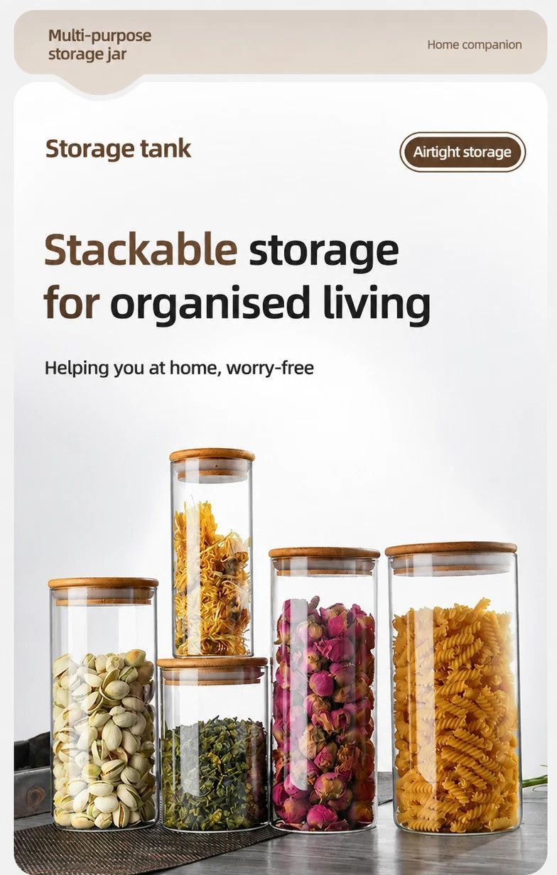 Airtight Glass Kitchen Canister With Bamboo Lid, Moisture Proof Food Storage Jar, 6.5cm*12cm, 300ml, Premium Kitchen Accessory Gift