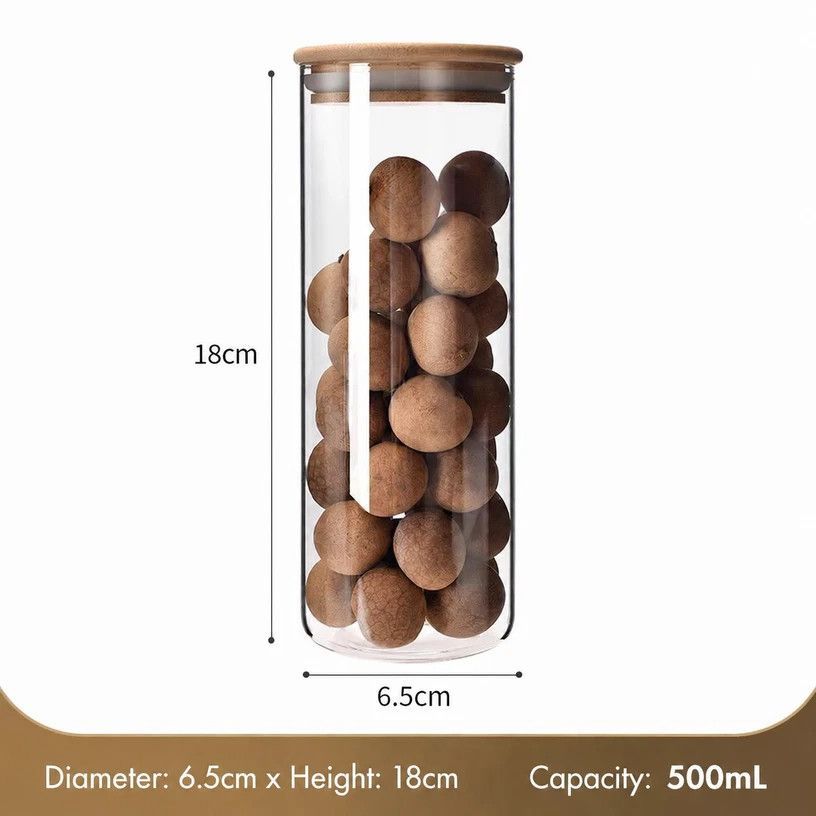Natural Bamboo Lid Glass Storage Canister, Airtight Moisture Resistant Kitchen Jar, 6.5cm*18cm, 500ml, Practical Family Kitchen Gift