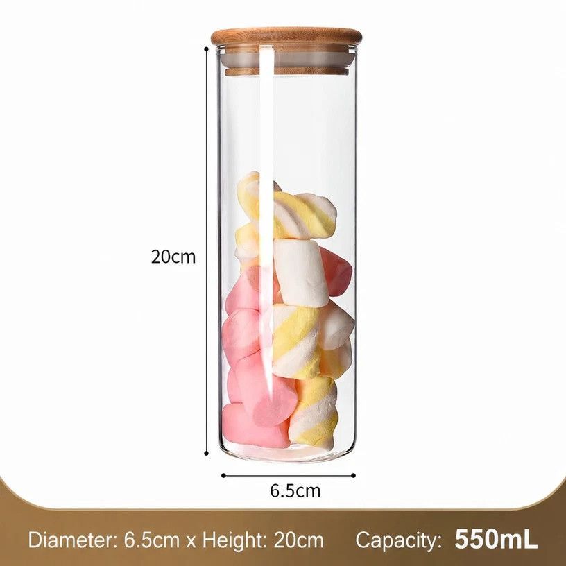 Clear Airtight Glass Jar For Dry Ingredients, Bamboo Cover Food Storage Container, 6.5cm*20cm, 550ml, Lovely Housewarming Gift