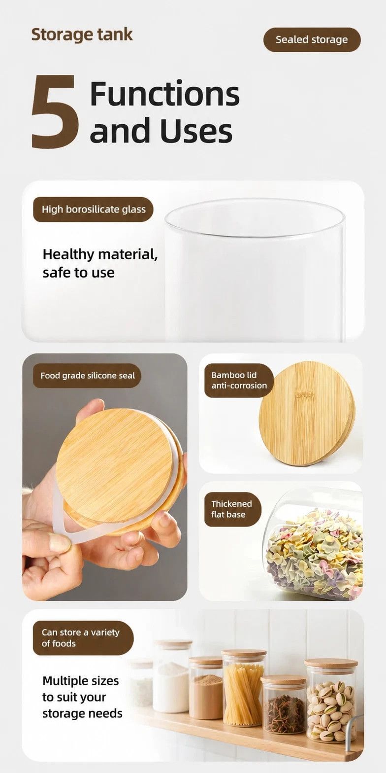 Sealed Glass Food Storage Jar With Bamboo Lid, Moisture Proof Kitchen Container, 8cm*10cm, 400ml, Nice Daily Home Gift