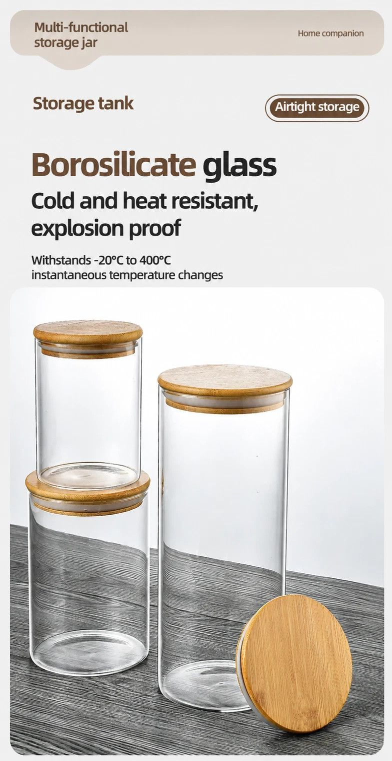 Kitchen Airtight Glass Storage Canister, Natural Bamboo Lid Transparent Container, 8cm*18cm, 750ml, Practical Household Storage Gift