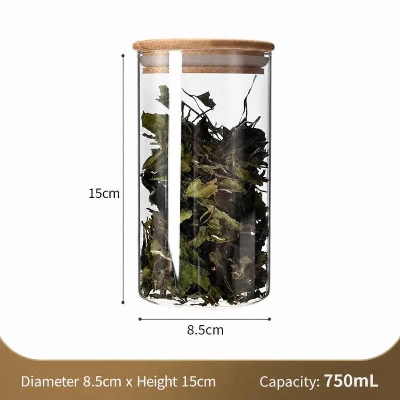 Airtight Glass Ingredient Jar, Food Safe Canister With Natural Bamboo Cover, 8.5cm*15cm, 750ml, Premium Home Kitchen Gift