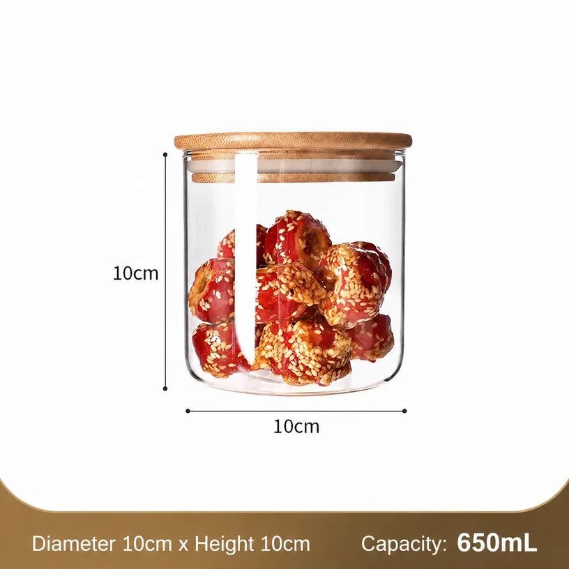 Food Grade Clear Glass Canister With Bamboo Lid, Sealed Moisture Resistant Kitchen Jar, 10cm*10cm, 650ml, Versatile Household Gift