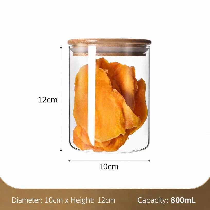 Transparent Sealed Glass Storage Jar, Natural Bamboo Lid Kitchen Food Canister, 10cm*12cm, 800ml, Elegant New Home Gift