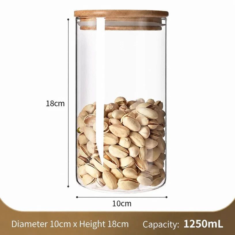 Clear Moisture Proof Glass Storage Jar, Food Safe Canister With Bamboo Cover, 10cm*18cm, 1250ml, Great Housewarming Accessory Gift