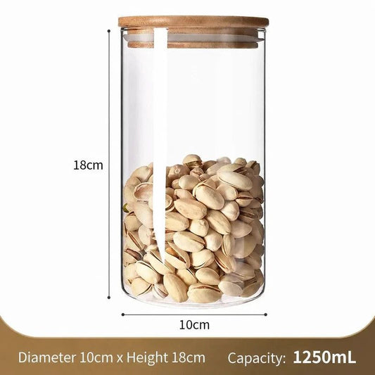 Clear Moisture Proof Glass Storage Jar, Food Safe Canister With Bamboo Cover, 10cm*18cm, 1250ml, Great Housewarming Accessory Gift