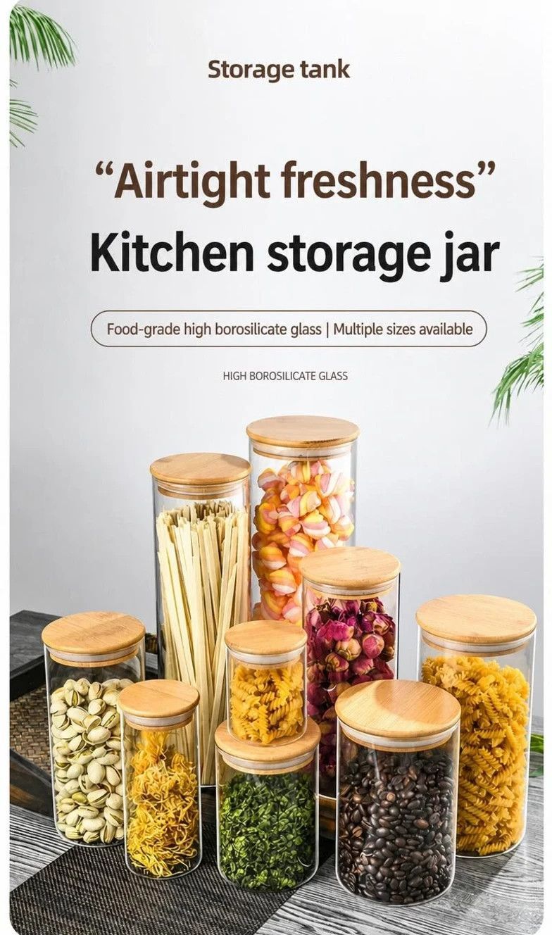 Kitchen Large Clear Glass Storage Jar, Sealed Bamboo Lid Food Container, 10cm*25cm, 1750ml, Premium Home Storage Gift