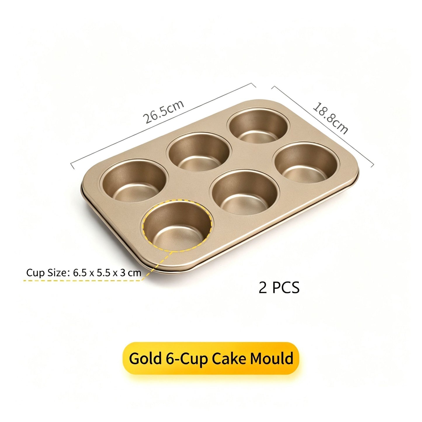 Non-Stick Muffin Baking Tray, Household Oven Cake Bread Mould, Gold 6-Cup Baking Pan, Set Of 2, Essential Home Baking Tool
